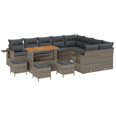 Image of vidaXL 13 Piece Garden Sofa Set with Cushions Grey Poly Rattan Acacia