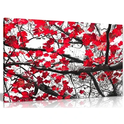 Image of Black White Red Art Trees &amp; Leaves Canvas Wall Picture Print (36x24in)
