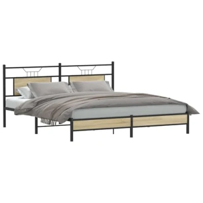 Image of vidaXL Bed Frame Sonoma Oak 183x213 cm Engineered Wood/Steel Double with Headboard Bedroom Furniture