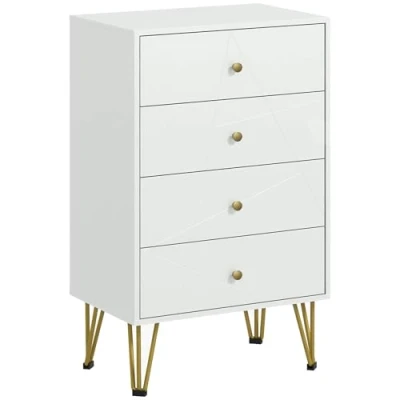 Image of HOMCOM Bedroom Chest of Drawers, Tallboy 4 Drawer Dresser, Modern Storage Unit with Hairpin Legs, White