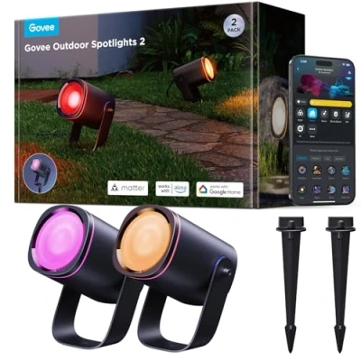Image of Govee Outdoor Spotlight, Waterproof Garden Lights, RGBWIC LED Dimmable 700lm with 69 Scene Modes and 16 Million Colors for Patio, Works Alexa, Google Assistant, Matter. 2 Pack