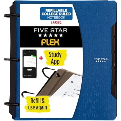 Image of Five Star Flex Refillable Notebook + Study App, College Ruled Paper, 1 Inch TechLock Rings, Pockets, Tabs and Dividers, 200 Sheet Capacity, Pacific Blue (29328AD2)