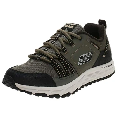Image of Skechers Men&#039;s Escape Plan Trainers, Green Olive Leather Mesh Black Trim Olbk, 13 UK
