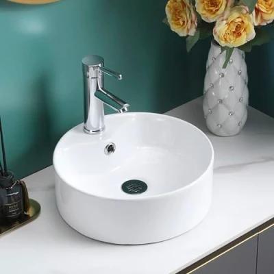 Image of BELOFAY Modern Bathroom Basin Sink, Counter Top White Cloakroom Ceramic for Bathroom, Vanity Cabinet, and Toilet (Round 2)