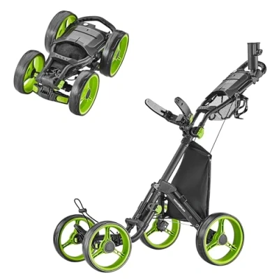 Image of Caddytek 4 Wheel Golf Push Cart Compact, Lightweight, Close Folding Pull Caddy Trolley Explorer V8, lime, one size