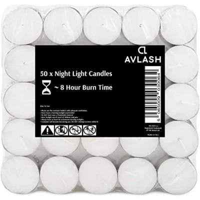 Image of Avlash ® 8 Hour Tea light Candles Pack of 50 Burn Time Shrink Wrapped, Unscented Lights White