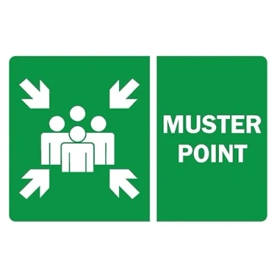 Image of Muster point safety sign 1mm flexible Plastic (300mm x 200mm)