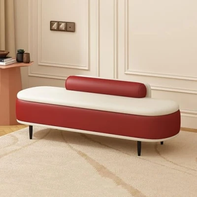 Image of JIHAJU Storage Ottoman Bench, Entryway Bedroom Bench,PU Leather Upholstered for End of Bed,with Large Space Living Room, Entryway, Bedroom(Wine red+off white,80cm)
