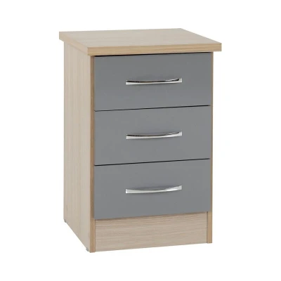 Image of Seconique Nevada 3 Drawer Bedside in Grey Gloss/Light Oak Effect Veneer