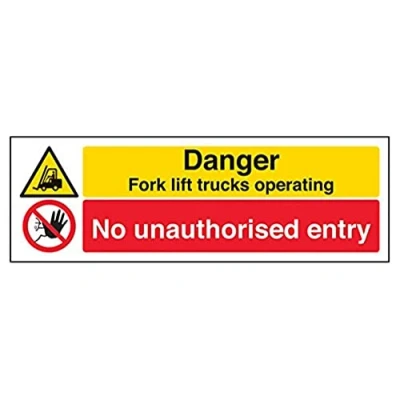Image of V Safety Danger Fork Lift Trucks Operating No Unauthorised Entry Sign Landscape 300mm x 100mm Self Adhesive Vinyl, Black/Red/Yellow