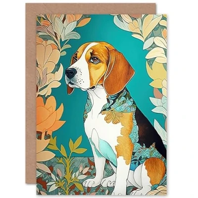 Image of Artery8 Beagle Dog With Floral Frame and Ornate Fur Coat Colourful Modern Art Nouveau Illustration Birthday Sealed Greeting Card Plus Envelope Blank inside