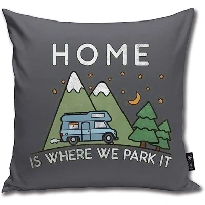 Image of QMS CONTRACTING LIMITED Throw Pillow Cover Camping Home Is Where We Park It Campervan Gift Decorative Case Decor Square 18x18 Inches Pillowcase