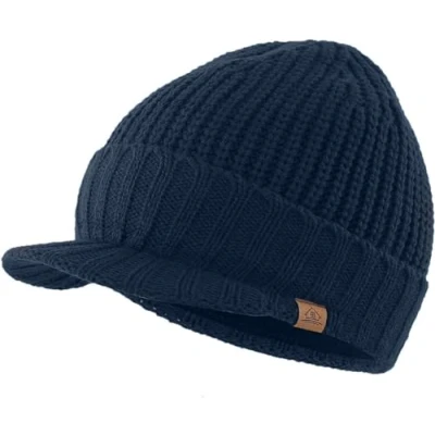 Image of Magracy Men&#039;s Winter Knit Visor Hat Outdoor Thick Peaked Beanie with Thermal Lining Navy Blue