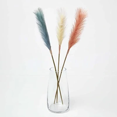 Image of HOMESCAPES Set of 3 Orange Cream &amp; Blue Artificial Single Stem Pampas Grass Flower 78 cm Tall Faux Silk Decoration for Bouquet or Floral Arrangement