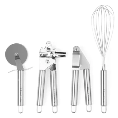 Image of Russell Hobbs RH00124EU Kitchen Tool Set 4 Piece Stainless Steel Essential Cooking Gadgets &amp; Utensils, Pizza Cutter Wheel, Whisk, Can Opener, Garlic Press/Crusher, Easy Clean, Hanging Hooks, Durable