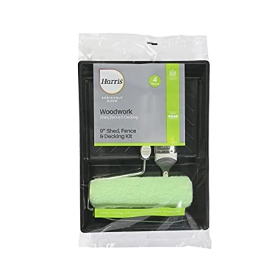Image of Harris Seriously Good Shed, Fence &amp; Decking Kit for External Woodwork Includes: Roller, Brush Tray 9&quot;, Black/Green