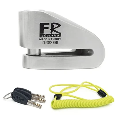 Image of FR SECURITE FR114S Motorcycle Disc Lock, Approved SRA, High Security Double Locking ø14mm/0.55in Stainless Steel, Reminder Cable, Anti Theft Brake Wheel Disk Lock for Motorbike, Scooter