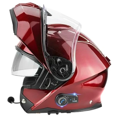 Image of ViPER RSV191 Flip up Motorcycle Helmet with Blinc Bluetooth Modular Double Visor Motorbike Helmets Microphone Dual Speaker for Hands &amp; Noise Free Automatic Answering ECE/ACU Gold Approved (Burgund