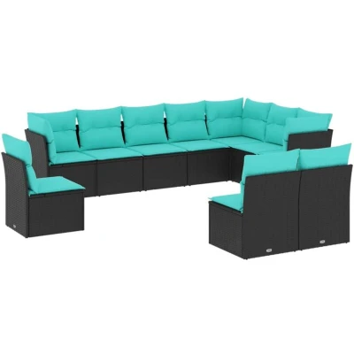 Image of vidaXL 10 Piece Garden Sofa Set with Cushions Black Poly Rattan
