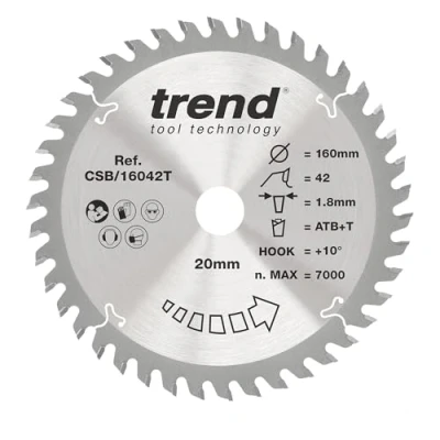 Image of Trend Wood Cordless Circular Saw Blade, 160mm Diameter, 20mm Bore, 42 Teeth, 1.8mm Kerf, +10 Hook, TCT, Fine Finish, CSB/16042T
