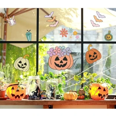 Image of QuoteMyWall Retro Groovy Halloween Window Decorations Stickers, Pumpkin, Ghosts, Bats Mix Decor