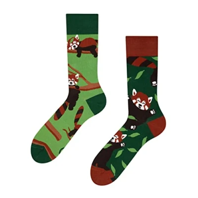 Image of Dedoles Unisex Socks for Women, Men &amp; Kids Cotton Funny Designs Football Bicycle Horses Plants Firefighter Gift Mismatched, Design: Red Panda and Firefox, Colour: Green, Size: 3 5 M / 2 4,5 W UK