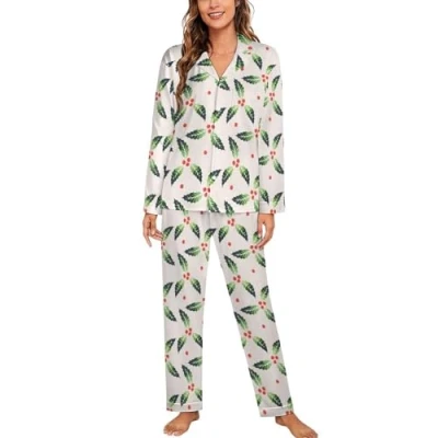 Image of Watercolor Holly Womens Pyjamas Set Long Sleeve Pjs Sets Pajama Sleepwear Loungewear M