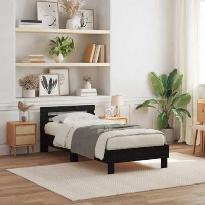 Image of vidaXL black oak bed frame simple modern design, 90x200 cm matte finish, easy assembly, sturdy wood, single sleeper, bedroom essential