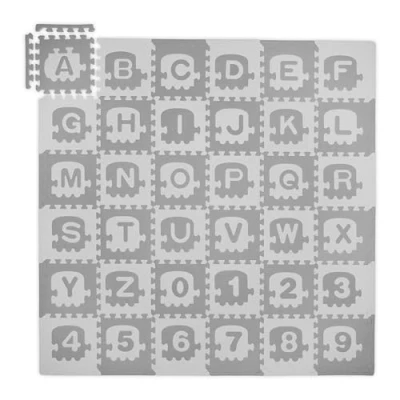 Image of Relaxdays Puzzle Mat, ABC and Numbers, 71 Pieces, Playmat for Children, WXD: 179.5 x cm, Soft EVA Foam, White/Grey, 1 cm