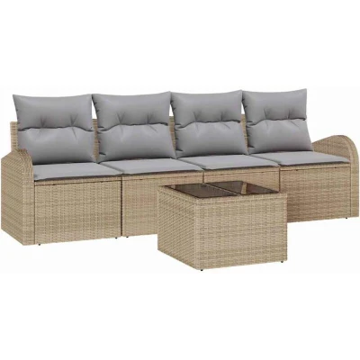 Image of vidaXL 5 Piece Garden Sofa Set with Cushions Beige Poly Rattan