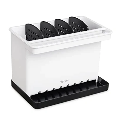 Image of YOHOM Black Kitchen Sink Tidy Caddy 3 in 1 Brush Holder Washing up Sponge Dish Cloth Organizer for Countertop Plastic Cleaning with Divider