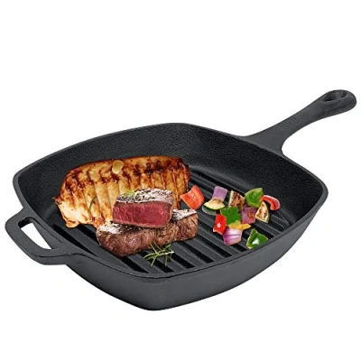 Image of Griddle Pan Cast Iron Grill 26.5cm x Pre Seasoned Square for All Hobs Including Induction Black