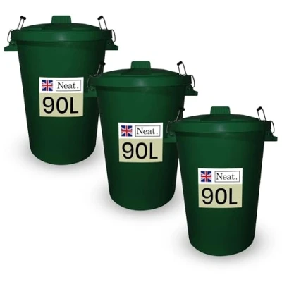 Image of Neat. 90L Bin Coloured Large Plastic Bins, Heavy Duty Kitchen with Metal Handle Dustbin Lid For Easy Refusal Garden Indoor Outdoor Rubbish Waste, Storage of Animal Feed, Dark Green 3Pack