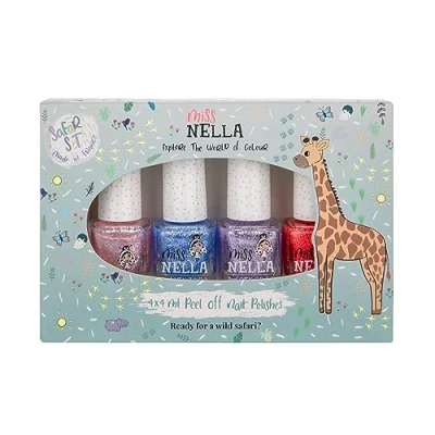 Image of Miss Nella SAFARI COLLECTION glitter Nail Polish for kids, set of 4 varnishes: pink, red, purple &amp; blue, Peel Off varnish toddlers