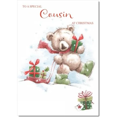 Image of doodlecards Cousin Christmas Card Cute Bear with Sled Medium Size for Plain Envelope