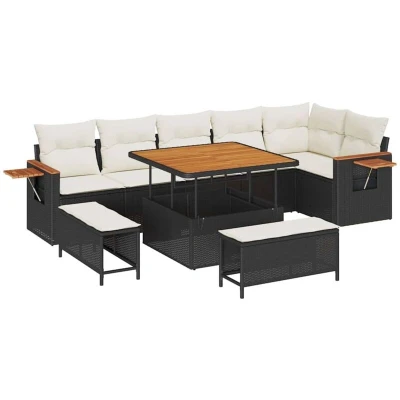 Image of vidaXL 9 Piece Garden Sofa Set with Cushions Black Poly Rattan Acacia