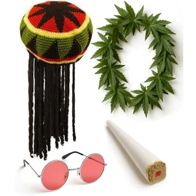 Image of Mega_Jumble® RASTA RAGGAE JAMAICAN BOB MARLEY HAT WIG WITH DREADLOCKS, RED GLASSES, LEAF CARIBBEANS &amp; FAKE JOINT ADULT FANCY DRESS