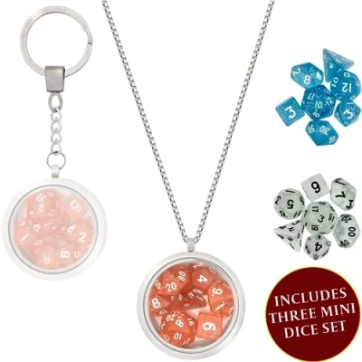 Image of LYNX DND Dice Set Locket/Keychain 3 Polyhedral Mini Sets Included Perfect RPG/Dungeons &amp; Dragons (D&amp;D) Accessories Gifts. Tiny/Micro Red, Blue Clear Have D20 D12 D10 D8 D6 Sided Dice., Silver