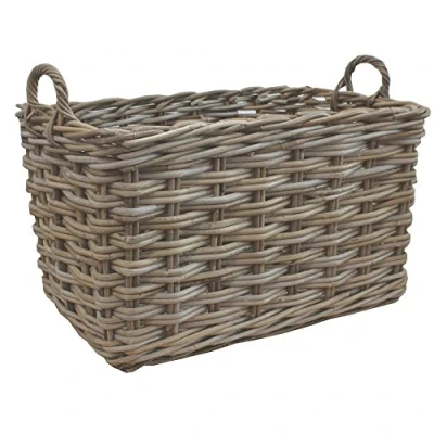 Image of Grey &amp; Buff Rattan Rectangular Wicker Log Storage Basket Small