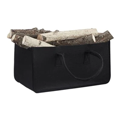 Image of Relaxdays Felt Firewood Basket, Portable Magazine Holder, Wood Bin H x W D: 25 50 cm, Black