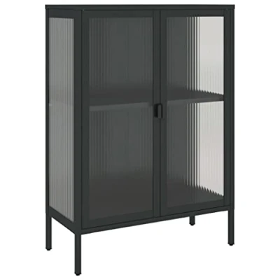 Image of vidaXL Black Sideboard, Fluted Glass and Powder Coated Steel Frame, Adjustable Shelf Storage Cabinet, Perfect for Living Room, Bedroom, Office
