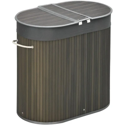 Image of HOMCOM Bamboo Laundry Basket with Lid, 100 Litres Hamper 2 Sections, Removable Washable Lining, Washing Baskets, 62.5 x 37 60.5cm, Grey