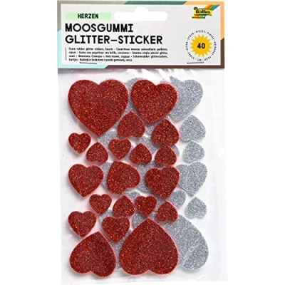 Image of Folia 23791 Foam Rubber Glitter Stickers, 40 Pcs, Hearts Assorted in Red and Silver