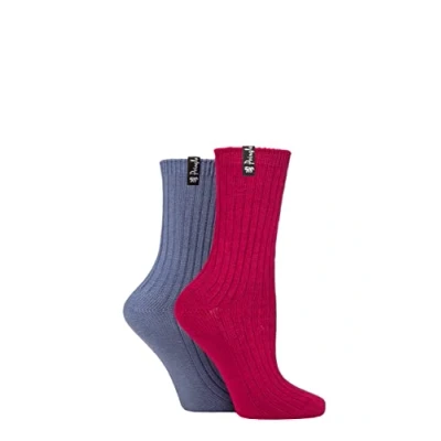 Image of Women&#039;s 2 Pair Pringle Bamboo Ribbed Light Boot Socks Ruby / Denim UK 4 8