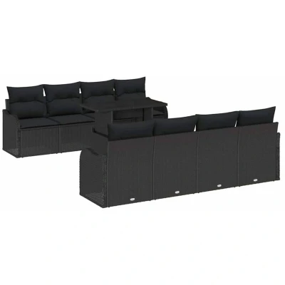 Image of vidaXL 10 Piece Garden Sofa Set with Cushions in Black Poly Rattan