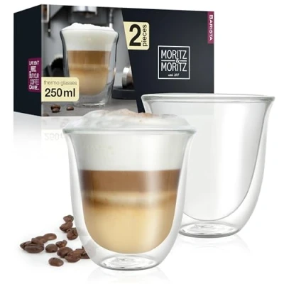 Image of Moritz &amp; Barista Napoli 2 x 250 ml Double Walled Cappuccino Cups Set of Glasses for Cappuccino, Tea, Hot and Cold Drinks Dishwasher Safe