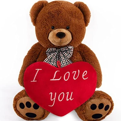 Image of Monzana Teddy Bear With Heart Pillow 50cm Brown Soft Dense Fur Bow Paws I Love You Gift Valentine&#039;s Day Plush Cuddly Toy Girlfriend Boyfriend