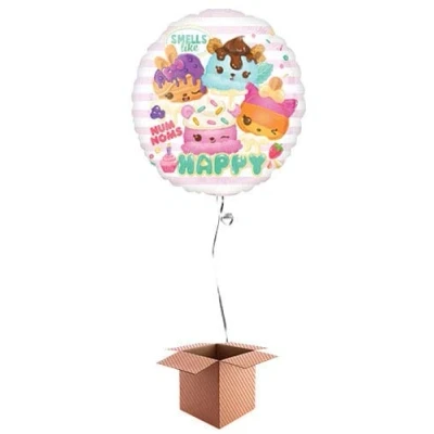 Image of Num Noms Round Foil Balloon Inflated in a Box