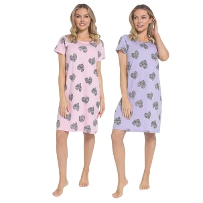Image of INSIGNIA Womens Pack of 2 Short Sleeved Cotton Blend Jersey Nightshirts Nighties (Purple &amp; Pink, 20 22)
