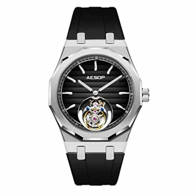 Image of Aesop Men Tourbillon Watches Flying Hand Wind Movement Wristwatches Luminous Sapphire Crystal Waterproof Luxury Business Watch for 7057(Black with Rubber Strap)